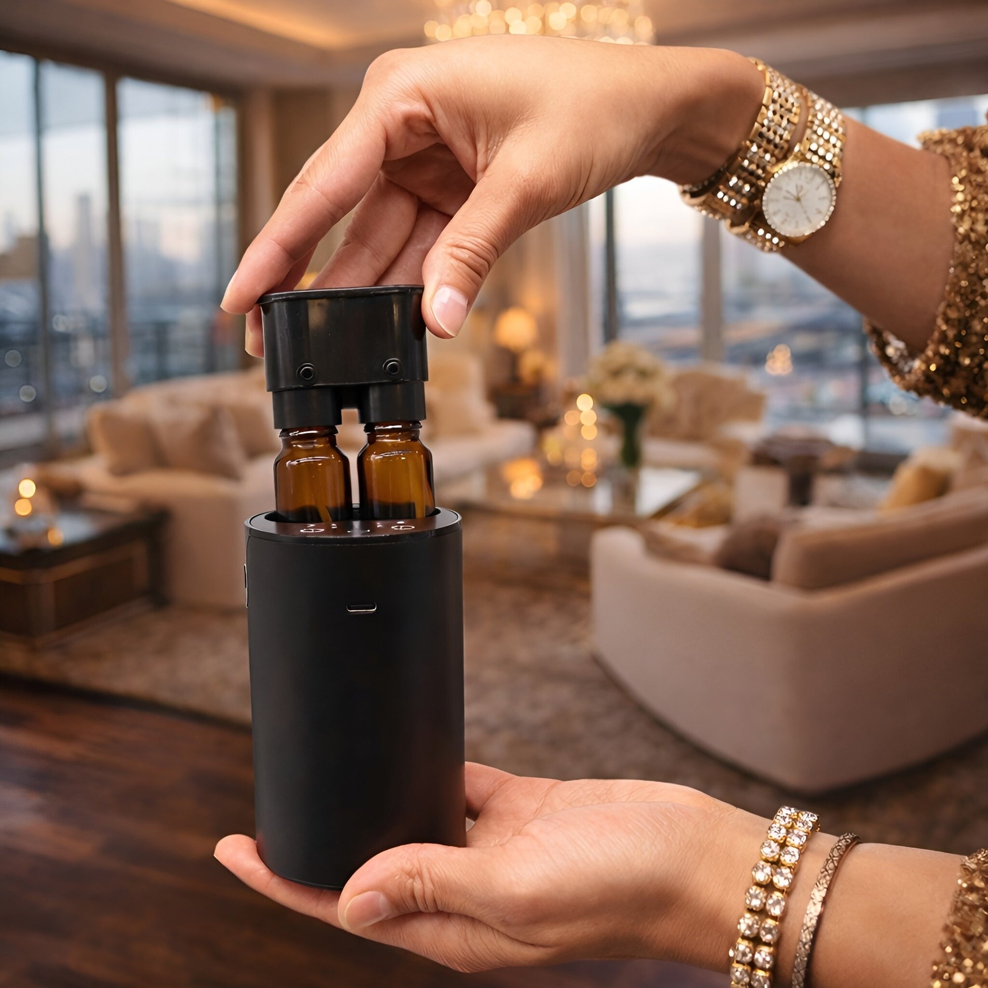Plastic Essential Oil Nebulizer – USB-C portable plastic aroma diffuser with dual essential oil bottles, shown in living room