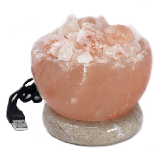 Alt Tag: USB Fire Bowl Himalayan Salt Lamp (Multi-Color) hand-carved salt crystal fire bowl lamp with USB cable on stone base