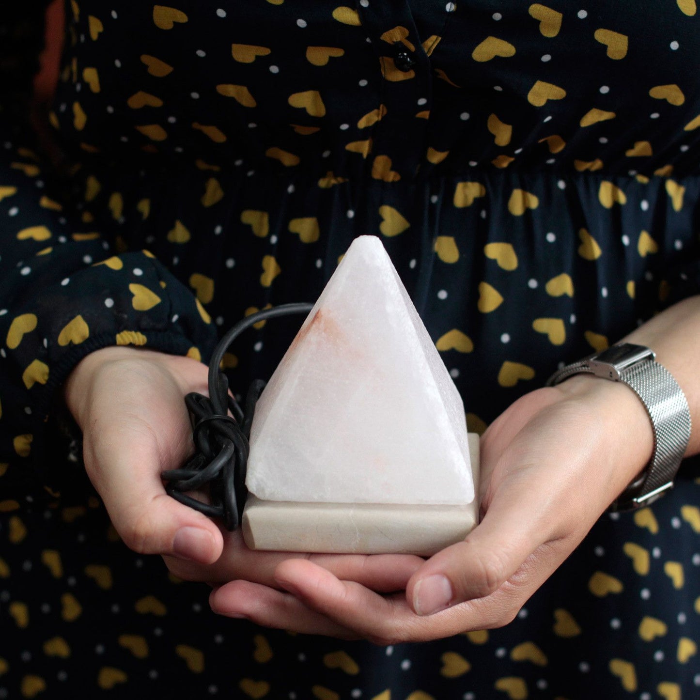 Alt Tag: Quality USB Pyramid White Himalayan Salt Lamp – 9 CM (Multi-Color) held in hands with USB cord, white pyramid salt lamp