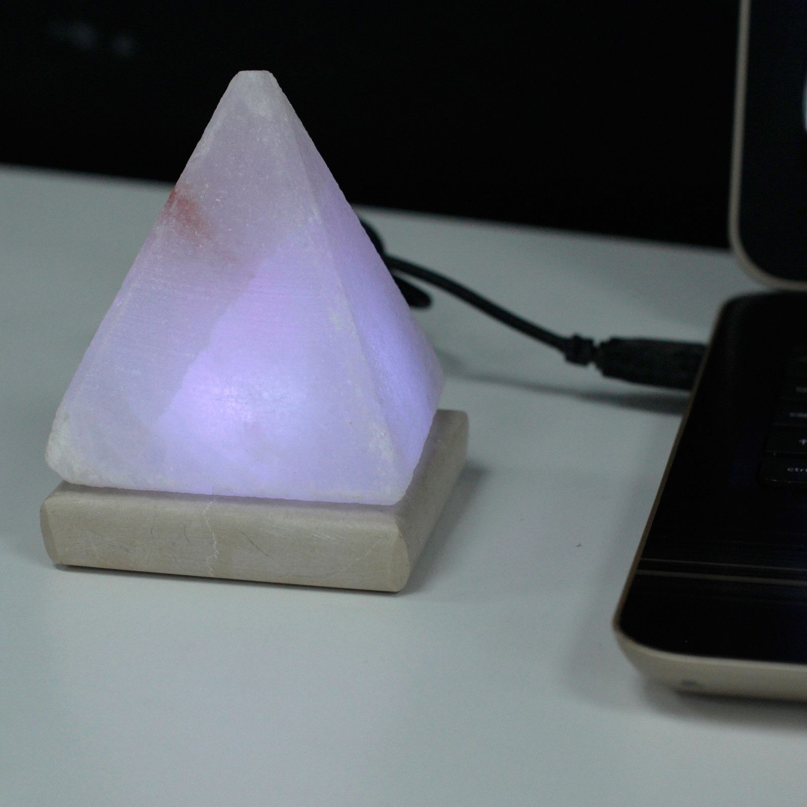 Quality USB Pyramid White Himalayan Salt Lamp – 9 CM (Multi-Color) on desk, pyramid white salt lamp with USB cable and soft LED glow
