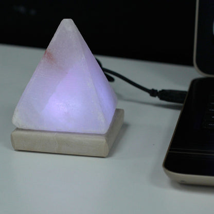 Quality USB Pyramid White Himalayan Salt Lamp – 9 CM (Multi-Color) on desk, pyramid white salt lamp with USB cable and soft LED glow