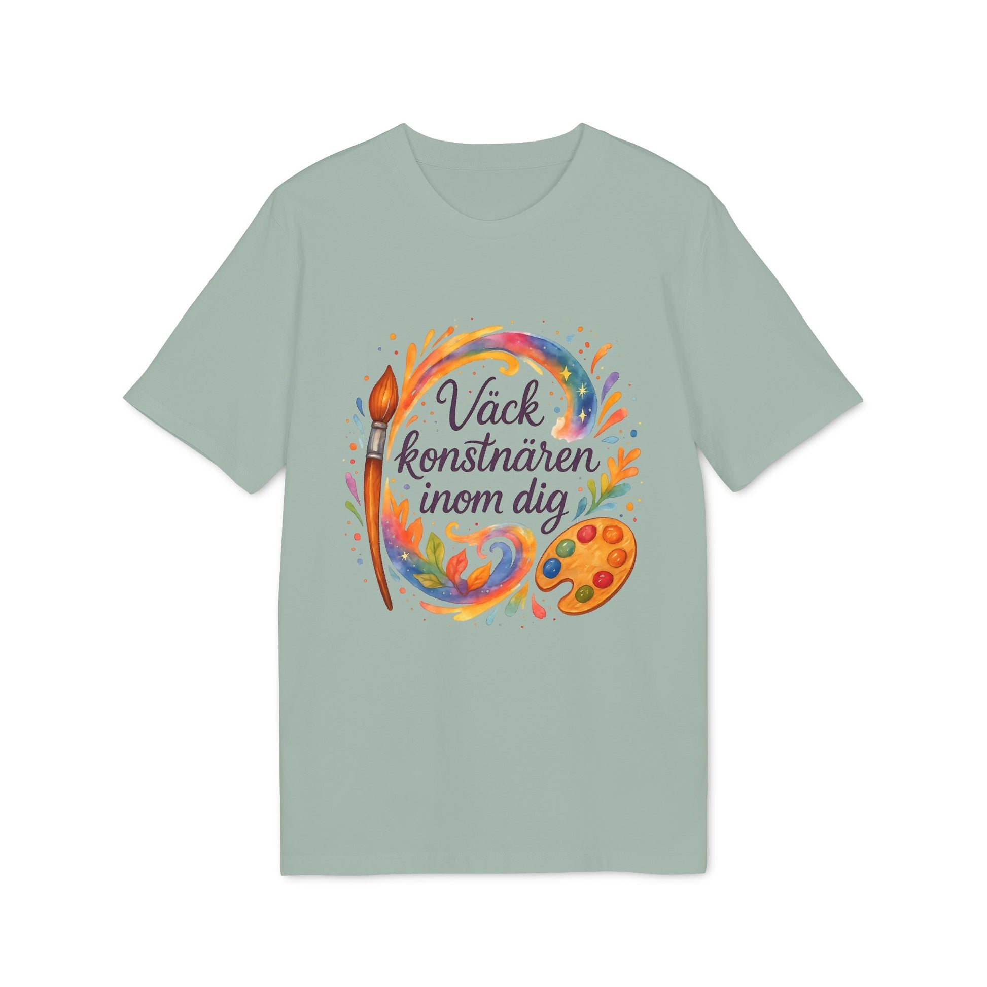 Väck Konstnären Inom Dig Waldorf Sustainable Unisex Tee med akvarellmotiv av pensel, färgstänk och målarpalett på grön t-shirt