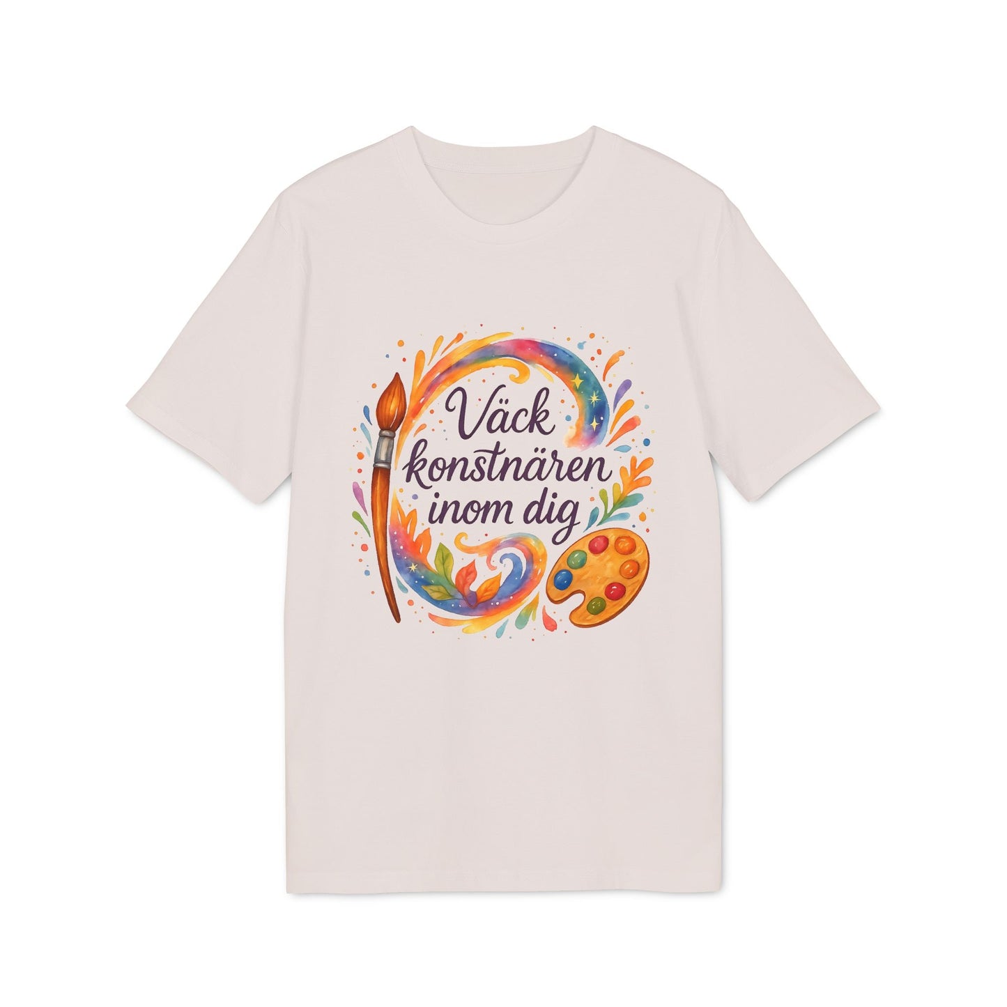 Alt Tag: Väck Konstnären Inom Dig Waldorf Sustainable Unisex Tee i beige med färgstark konstmotiv, pensel och färgpalett på framsidan