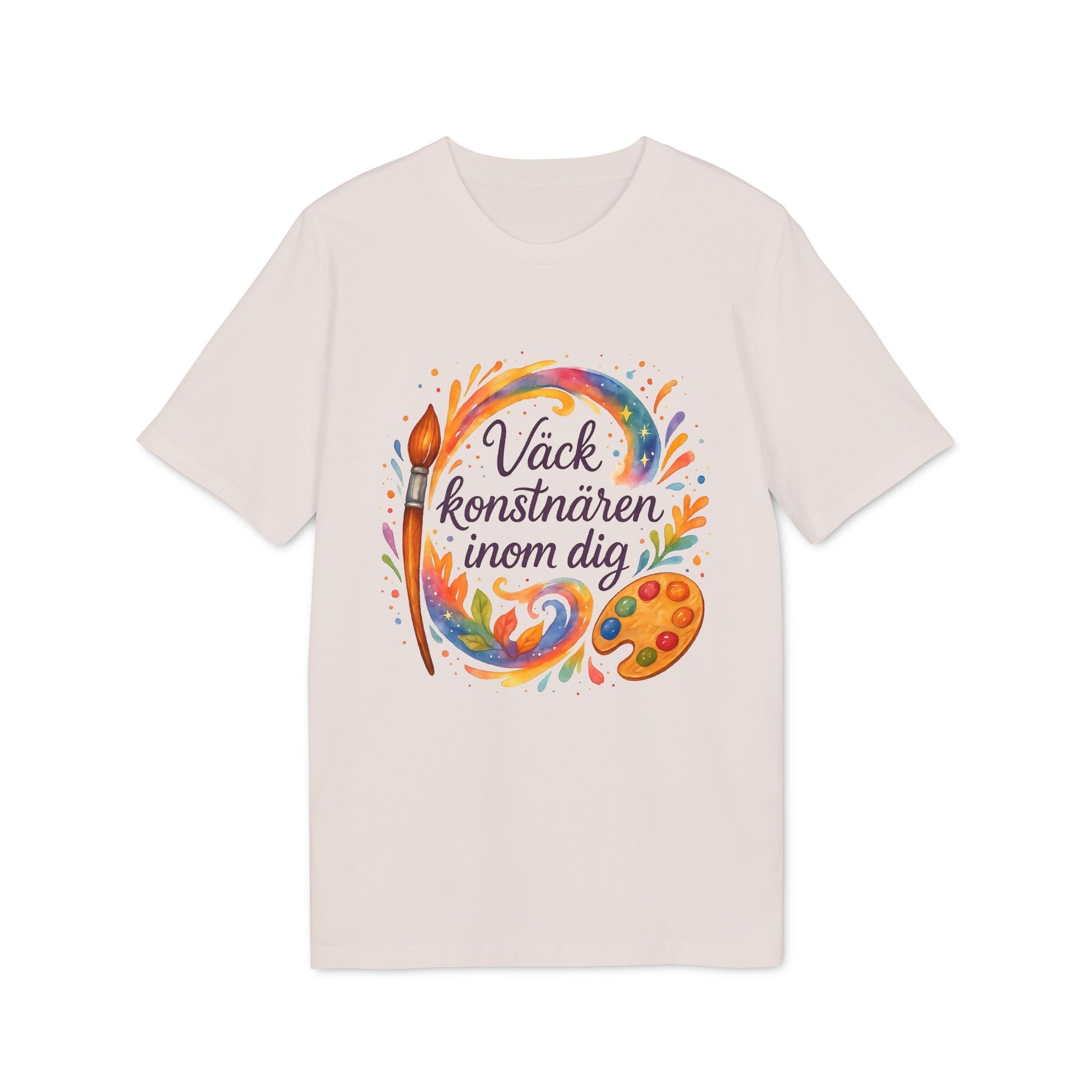 Alt Tag: Väck Konstnären Inom Dig Waldorf Sustainable Unisex Tee i beige med färgstark konstmotiv, pensel och färgpalett på framsidan