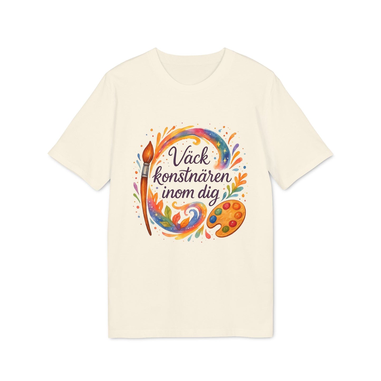 Väck Konstnären Inom Dig Waldorf Sustainable Unisex Tee med färgglad konstmotiv, pensel och palett, på ljus t-shirt