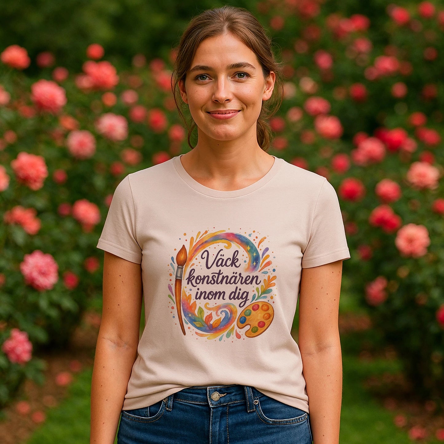 Alt Tag: Väck Konstnären Inom Dig Waldorf Sustainable Unisex Tee på modell, beige t-shirt med färgglad konstnärsgrafik, pensel och palett