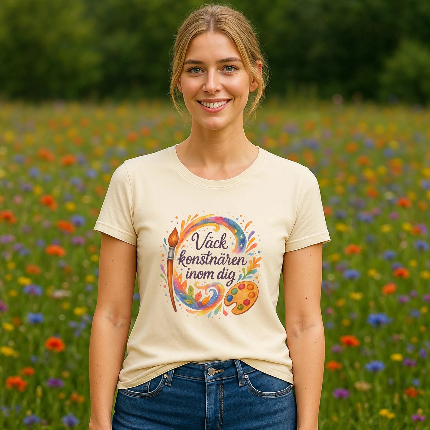 Väck Konstnären Inom Dig Waldorf Sustainable Unisex Tee på modell, beige t-shirt med färgglad konstnärsgrafik i blomsteräng