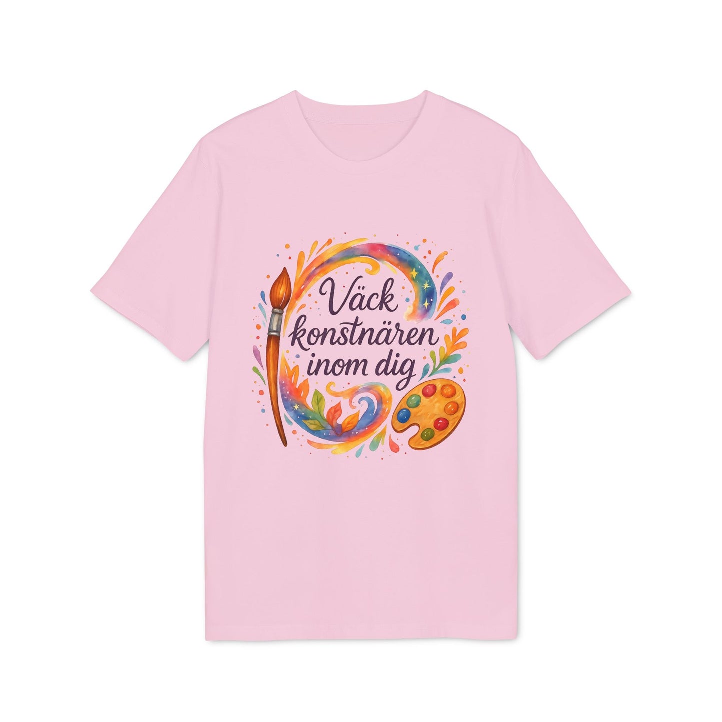 Alt Tag: Väck Konstnären Inom Dig Waldorf Sustainable Unisex Tee rosa t-shirt med färgstark konstmotiv, pensel och färgpalett framtill