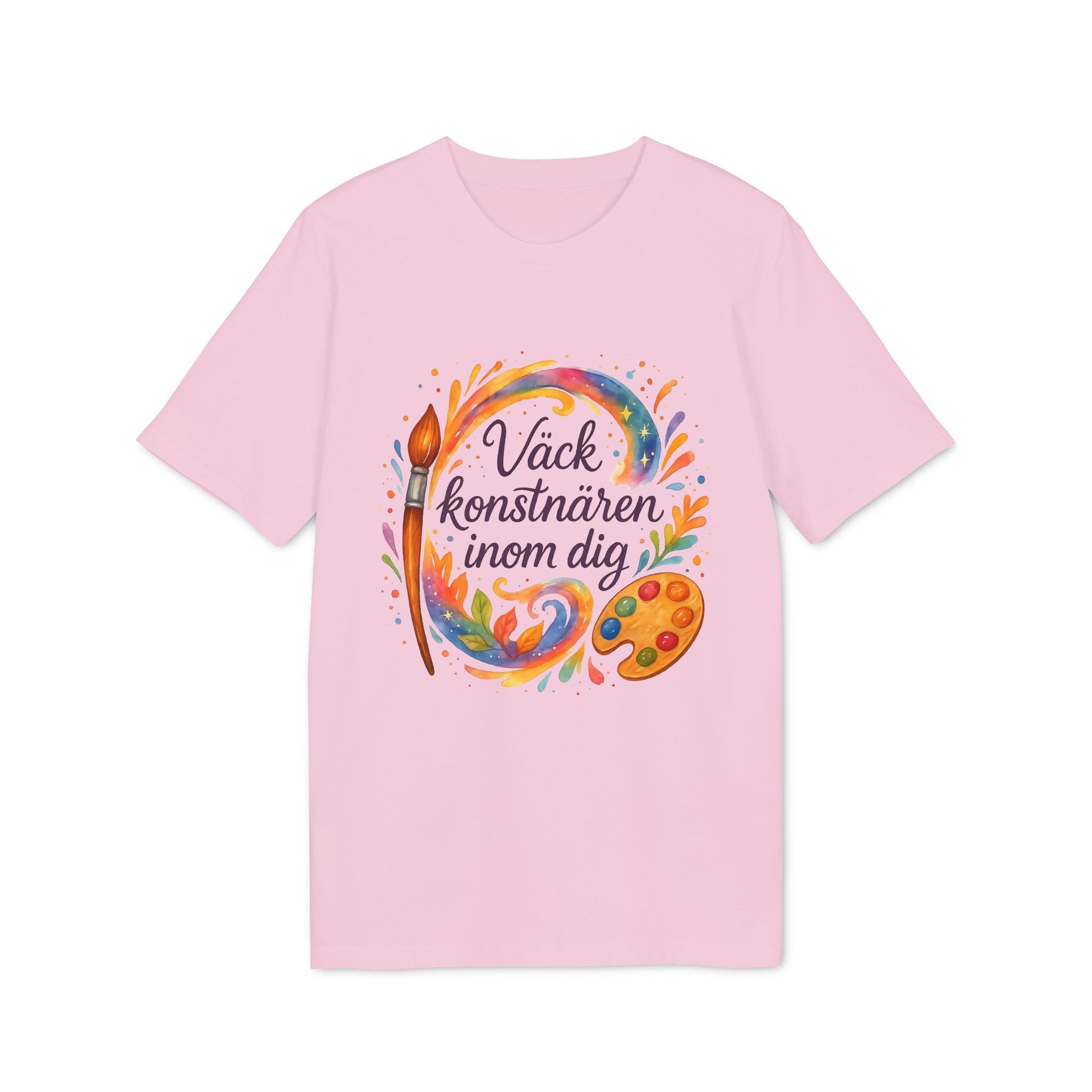 Alt Tag: Väck Konstnären Inom Dig Waldorf Sustainable Unisex Tee rosa t-shirt med färgstark konstmotiv, pensel och färgpalett framtill