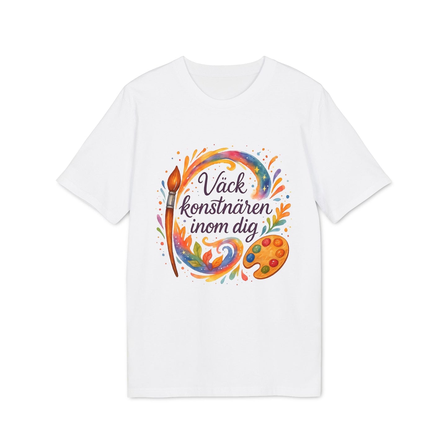 Väck Konstnären Inom Dig Waldorf Sustainable Unisex Tee vit t-shirt med färgglad målarpensel och palett-tryck