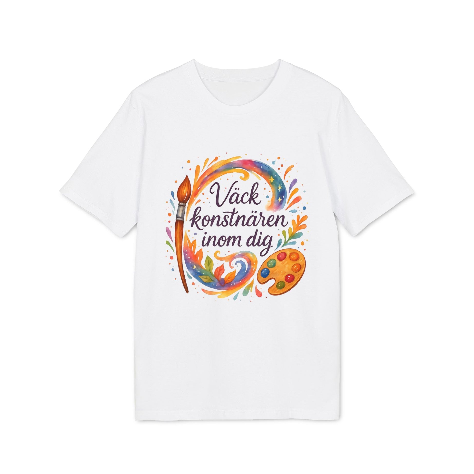 Väck Konstnären Inom Dig Waldorf Sustainable Unisex Tee vit t-shirt med färgglad målarpensel och palett-tryck
