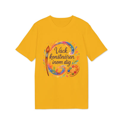 Väck Konstnären Inom Dig Waldorf Sustainable Unisex Tee, gul t-shirt med färgstarkt målarpensel- och palettmotiv