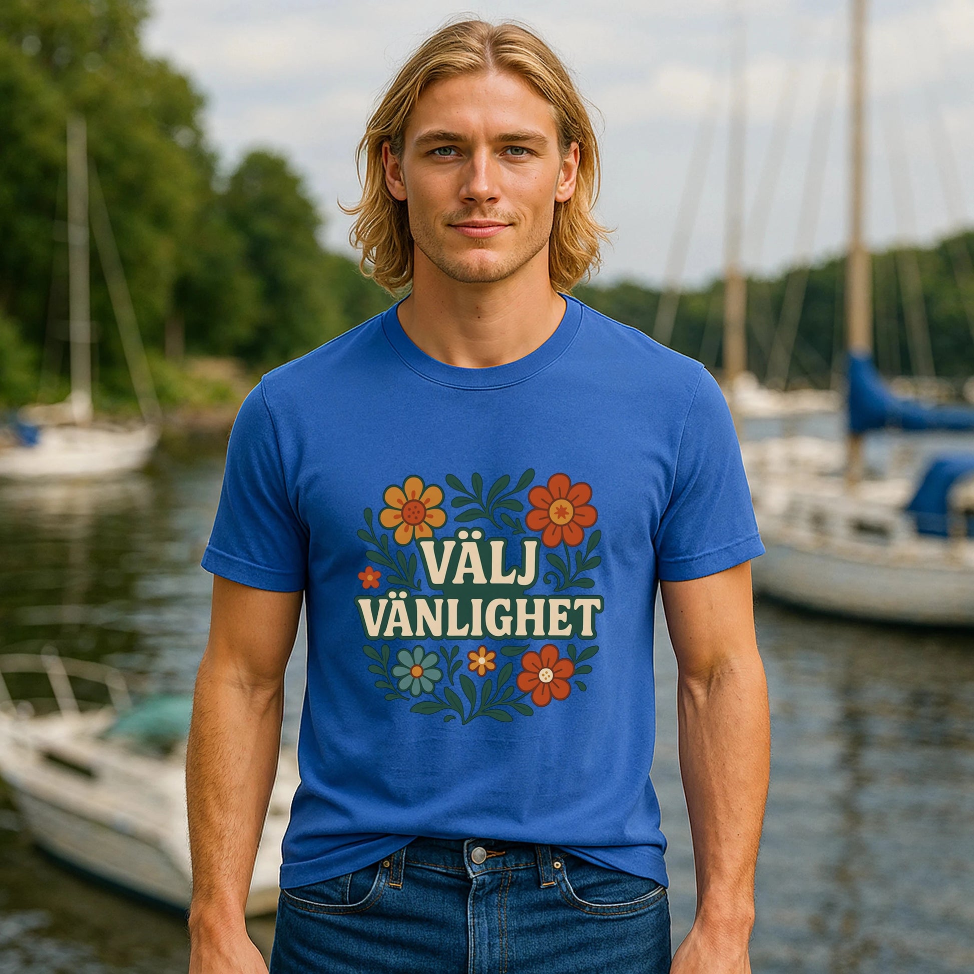 Välj Vänlighet 100% ekologisk bomulls T-Shirt blå t-shirt med Välj Vänlighet-tryck och blommor, modell vid hamnen