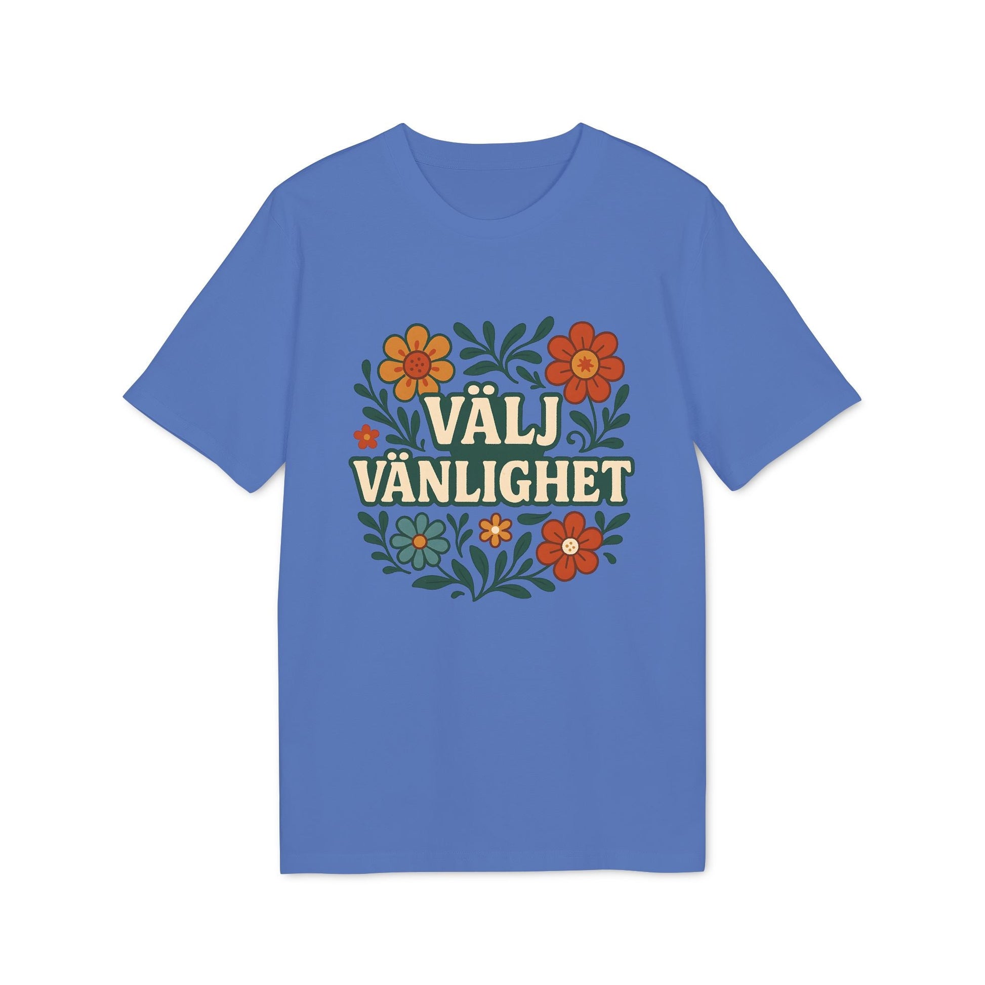 Välj Vänlighet T-shirt i 100 % ekologisk bomull i blått med blommigt tryck och texten “Välj Vänlighet”