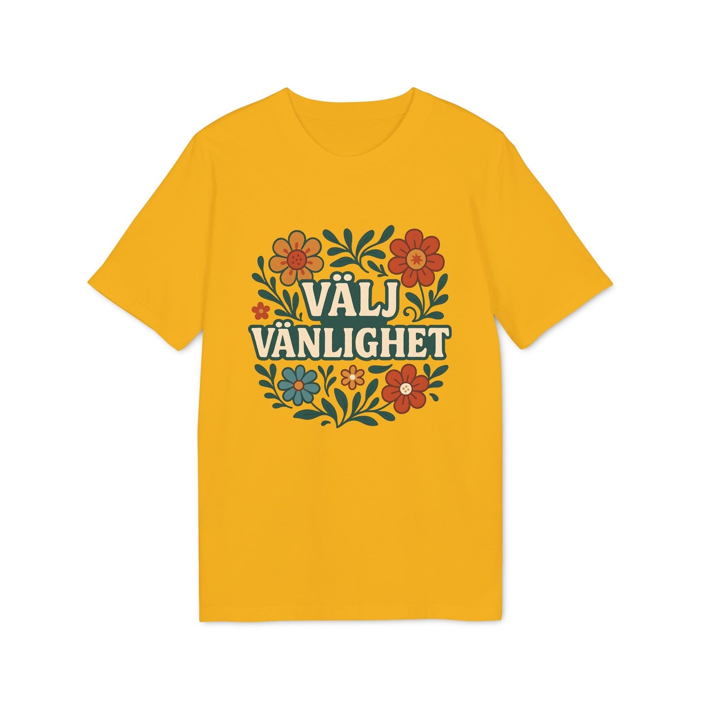Välj Vänlighet Bomulls T-shirt i 100% ekologisk bomull – gul t-shirt med blommigt tryck och texten "Välj Vänlighet"