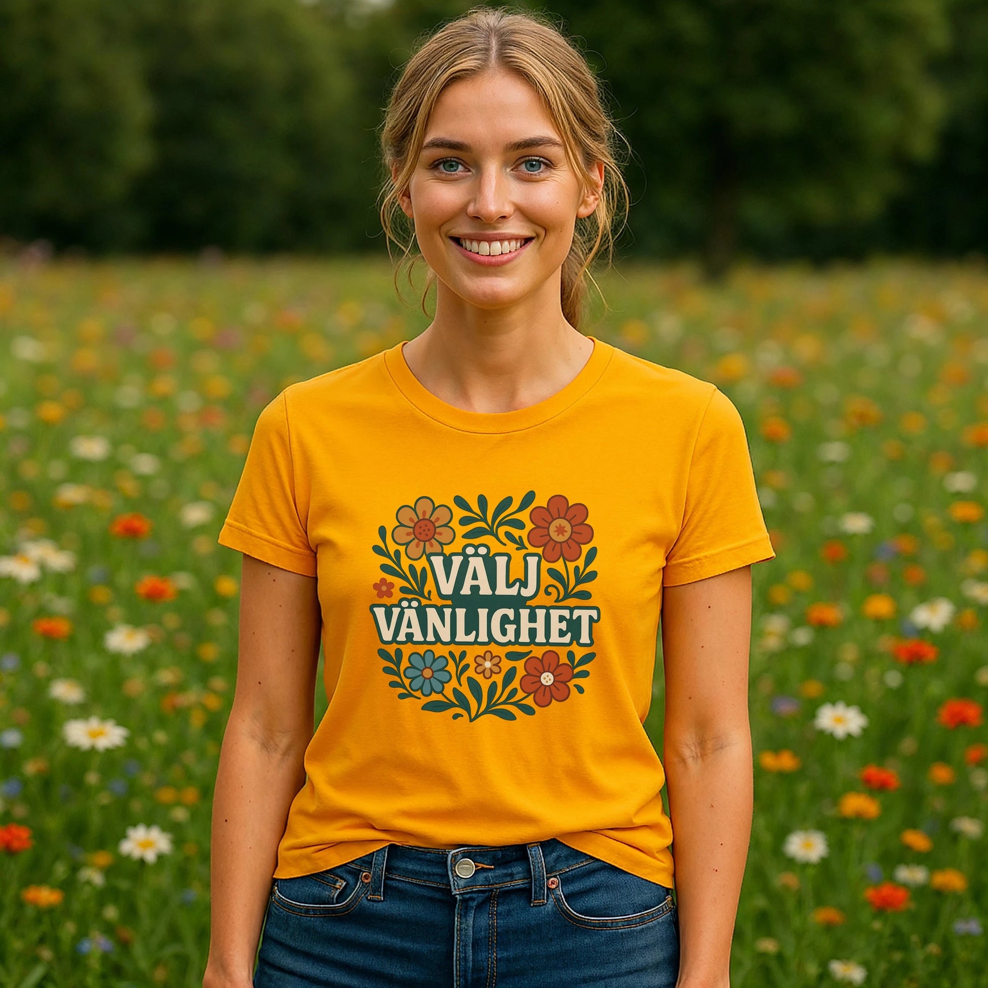 Välj Vänlighet t-shirt i 100% ekologisk bomull, gul t-shirt med Välj Vänlighet-blommotiv på modell i blomsteräng