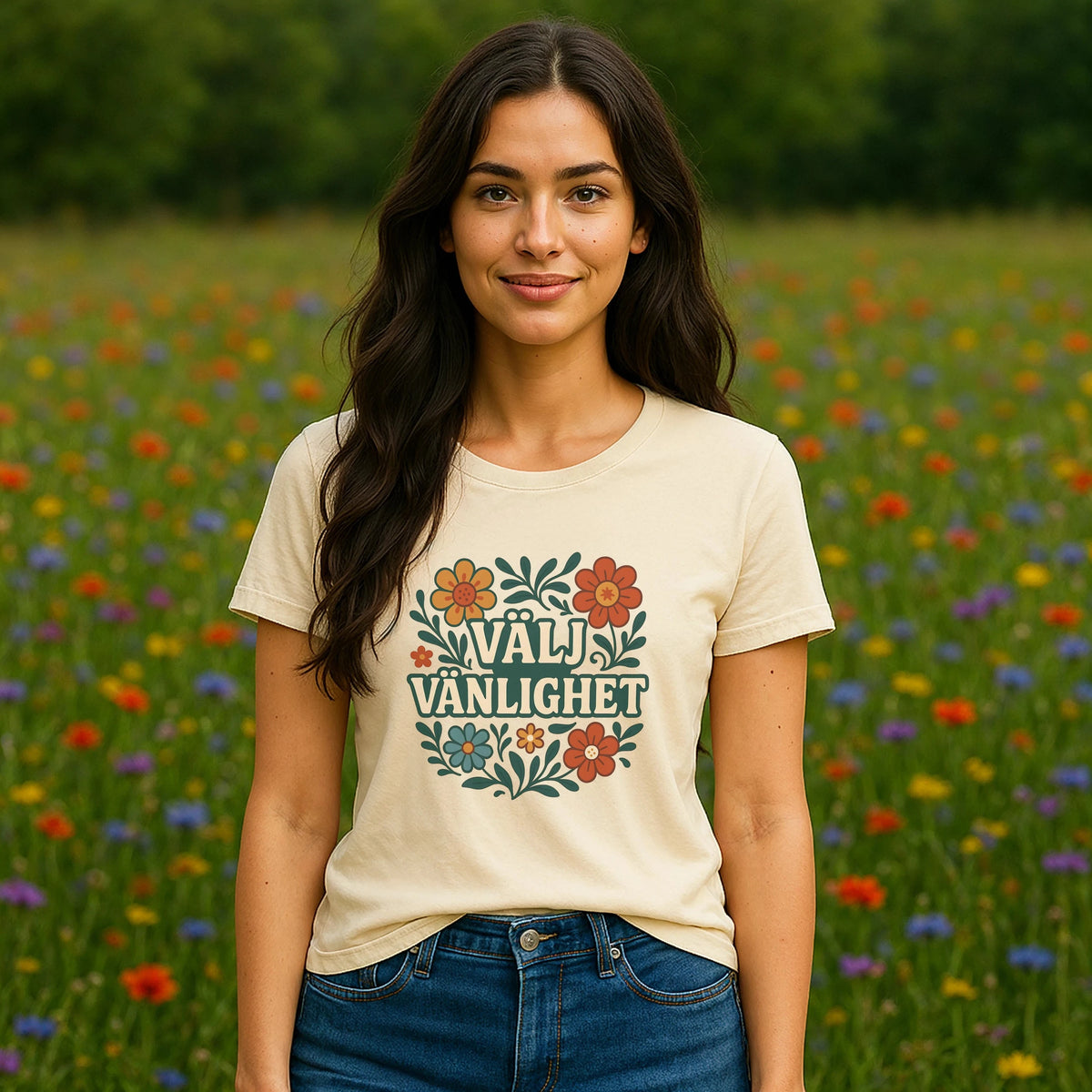 Välj Vänlighet Bomulls 100% ekologisk bomull T-shirt buren av kvinna, krämfärgad T-shirt med blommigt “Välj Vänlighet”-tryck på äng