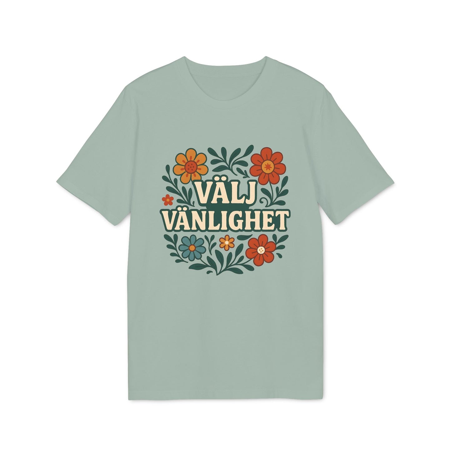 Alt Tag: Välj Vänlighet T-shirt i 100 % ekologisk bomull i ljusgrön färg med blommotiv och texten "Välj Vänlighet"