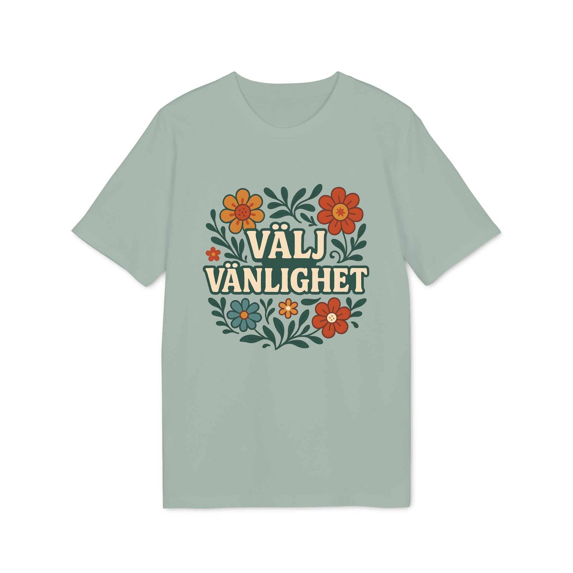 Alt Tag: Välj Vänlighet T-shirt i 100 % ekologisk bomull i ljusgrön färg med blommotiv och texten "Välj Vänlighet"