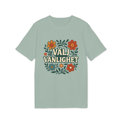 Alt Tag: Välj Vänlighet T-shirt i 100 % ekologisk bomull i ljusgrön färg med blommotiv och texten "Välj Vänlighet"