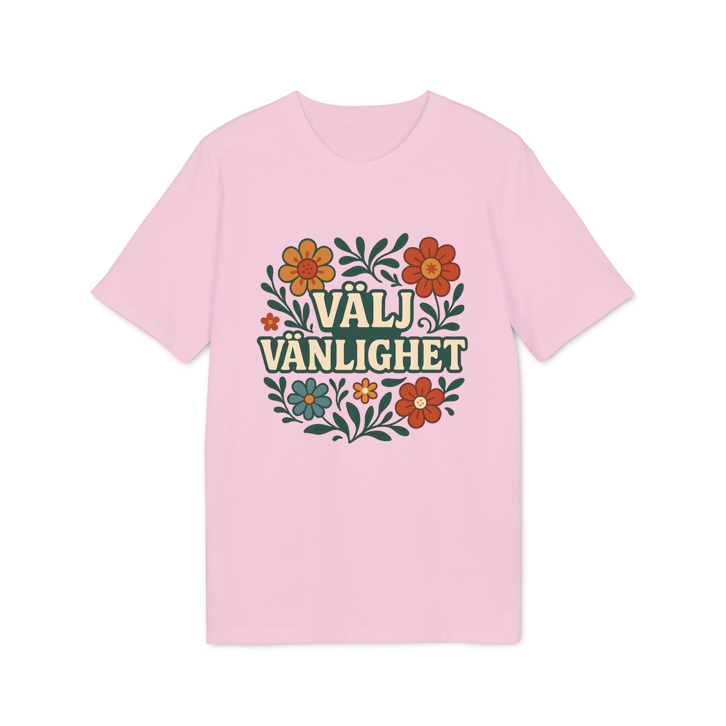 Alt Tag: Välj vänlighet T-shirt i 100% ekologisk bomull i rosa med "VÄLJ VÄNLIGHET"-tryck och blommotiv framtill