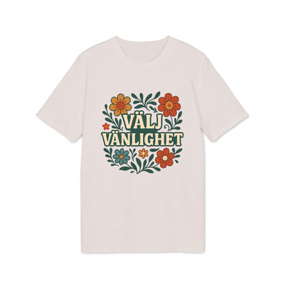 Alt Tag: Välj Vänlighet T-shirt i 100% ekologisk bomull med blommigt “VÄLJ VÄNLIGHET”-tryck på ljus t-shirt