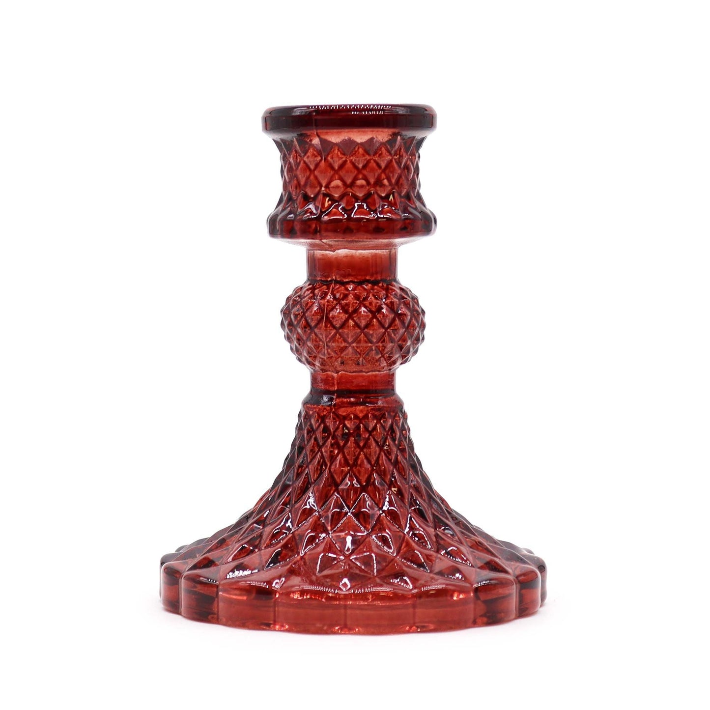 Alt Tag: Vampire Red Glass Candle Holders – 10x8 CM pressed red glass candle holder with textured diamond pattern, single piece on white background