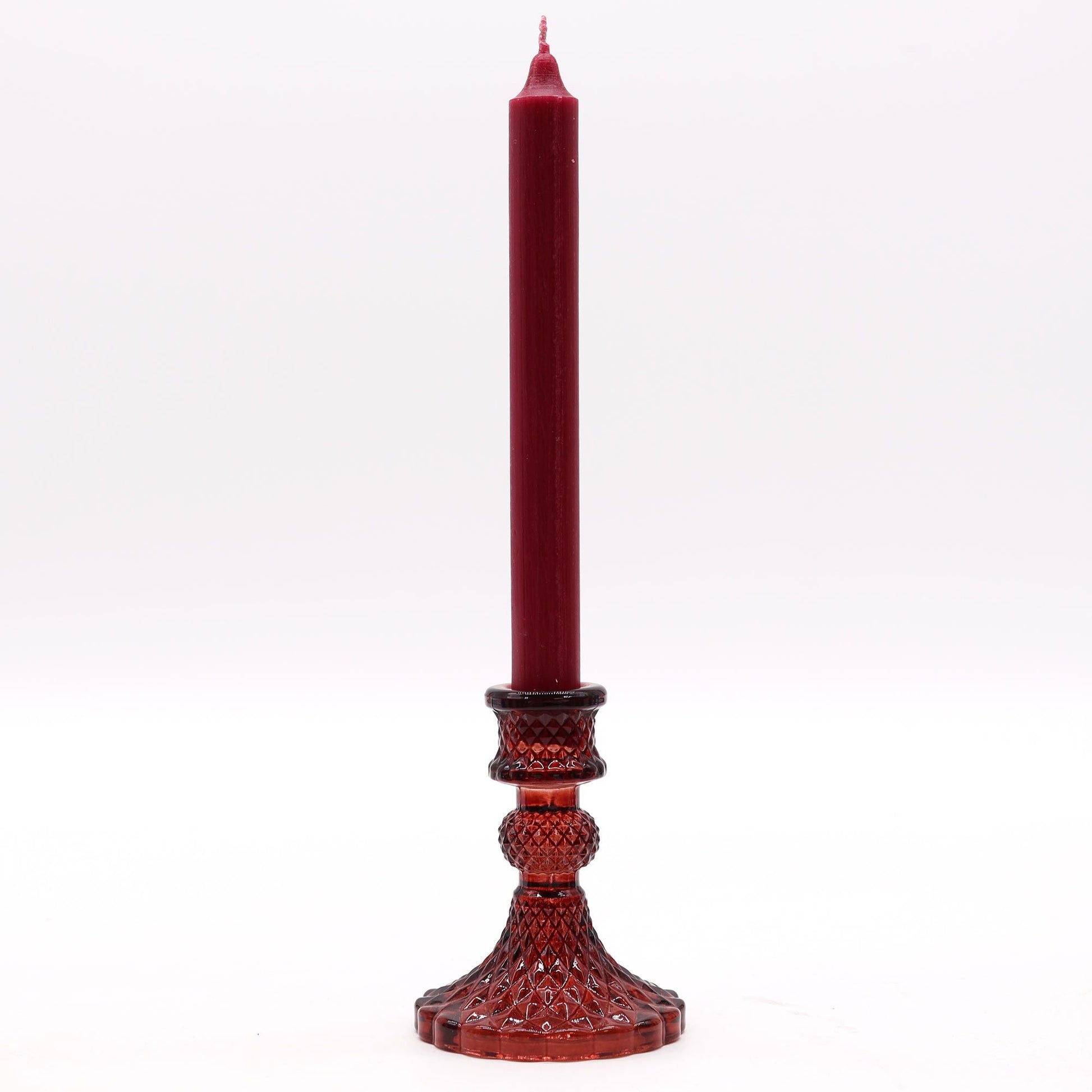 Alt Tag: Vampire Red Glass Candle Holders – 10x8 CM pressed red glass candle holder with tall taper candle, 10x8 cm, ornate base