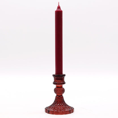 Alt Tag: Vampire Red Glass Candle Holders – 10x8 CM pressed red glass candle holder with tall taper candle, 10x8 cm, ornate base