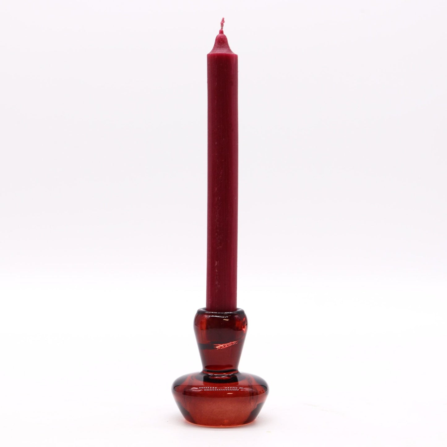 Pressed Glass Candle Holders – 6.2x7 CM, Vampire Red with red taper candle, gothic-style pressed glass holder on white background