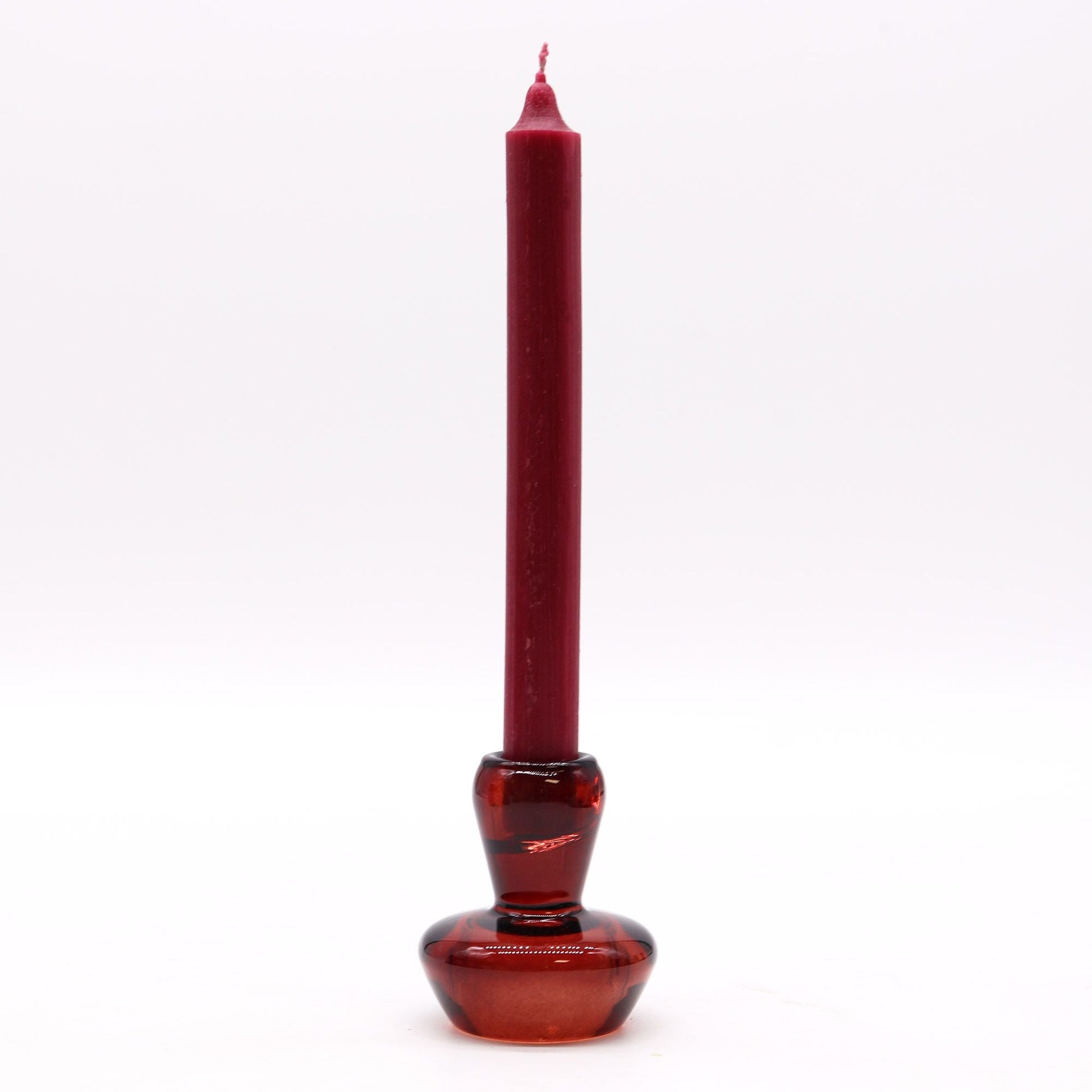 Pressed Glass Candle Holders – 6.2x7 CM, Vampire Red with red taper candle, gothic-style pressed glass holder on white background