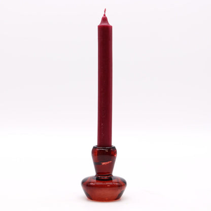 Pressed Glass Candle Holders – 6.2x7 CM, Vampire Red with red taper candle, gothic-style pressed glass holder on white background