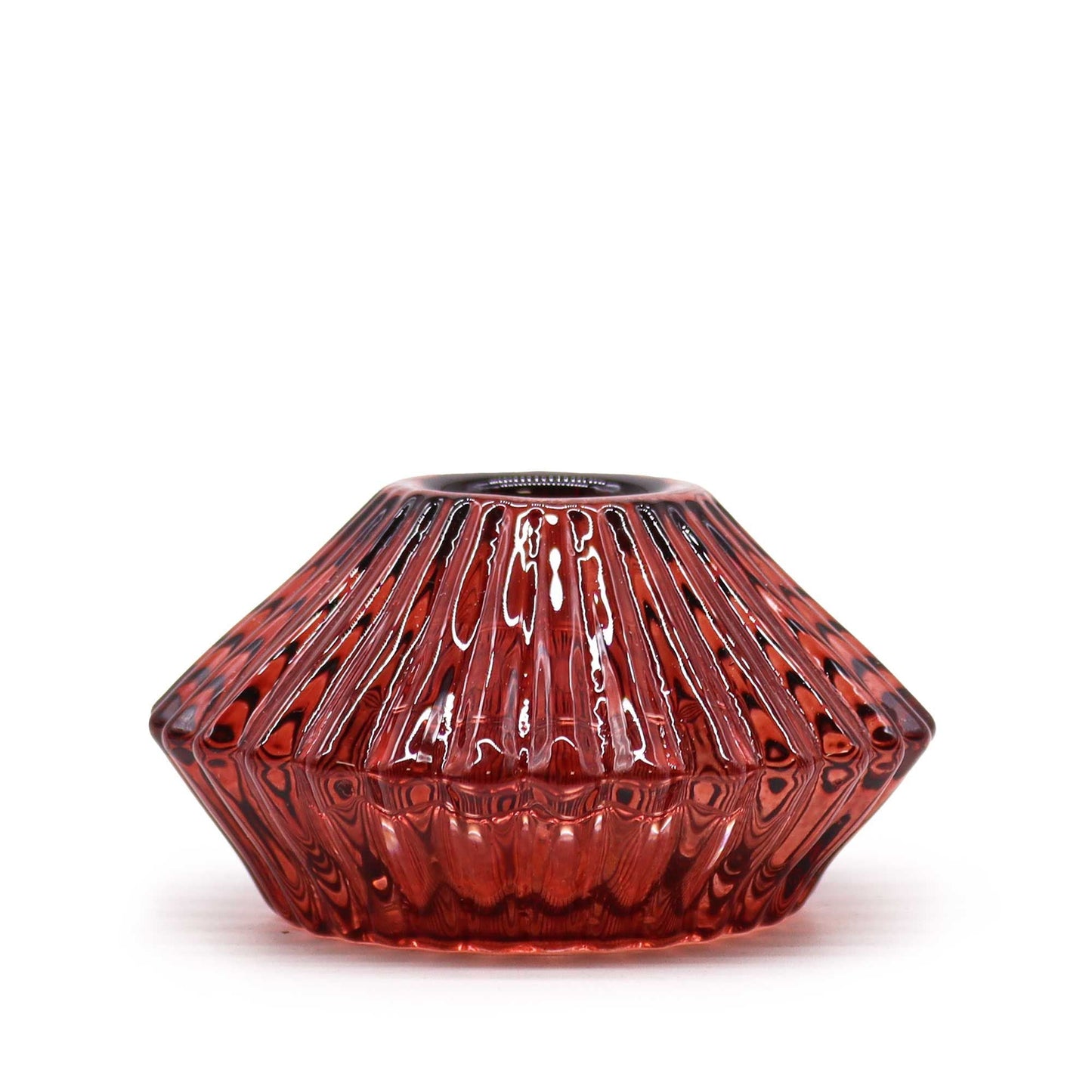 Alt Tag: Vampire Red Glass Candle Holders – Set of 2 pressed red glass candle holder, ribbed design, for tealights or dinner candles