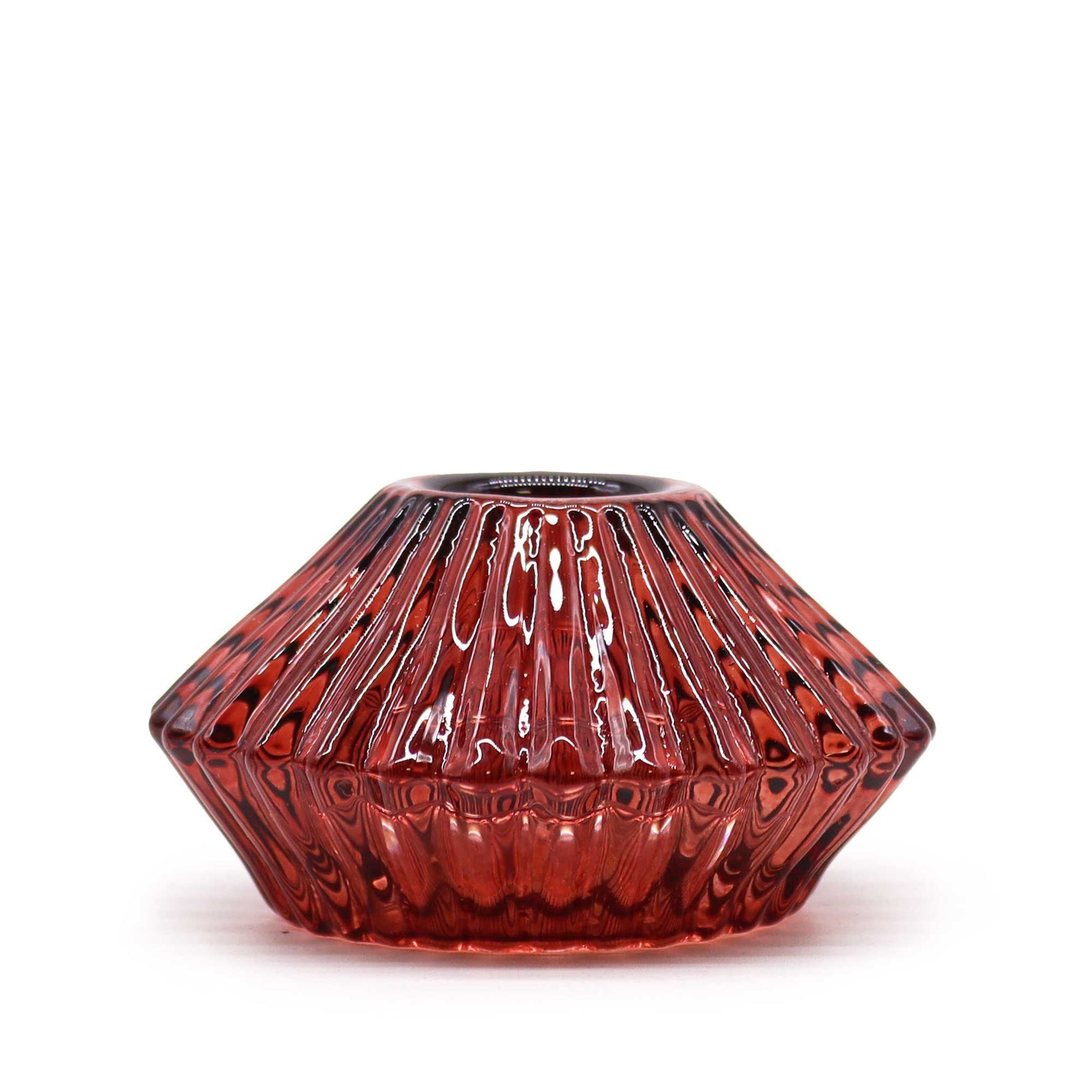 Alt Tag: Vampire Red Glass Candle Holders – Set of 2 pressed red glass candle holder, ribbed design, for tealights or dinner candles