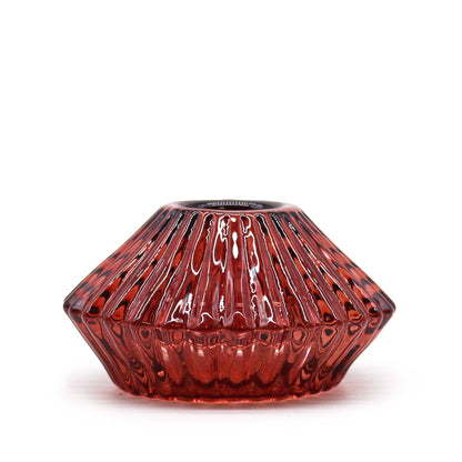 Alt Tag: Vampire Red Glass Candle Holders – Set of 2 pressed red glass candle holder, ribbed design, for tealights or dinner candles