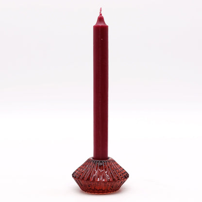Vampire Red Glass Candle Holders – Set of 2 with red pressed glass holder and tall dinner candle on white background