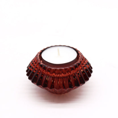 Alt Tag: Vampire Red Glass Candle Holders – Set of 2 pressed red glass tealight candle holder, ribbed design, close-up on white background