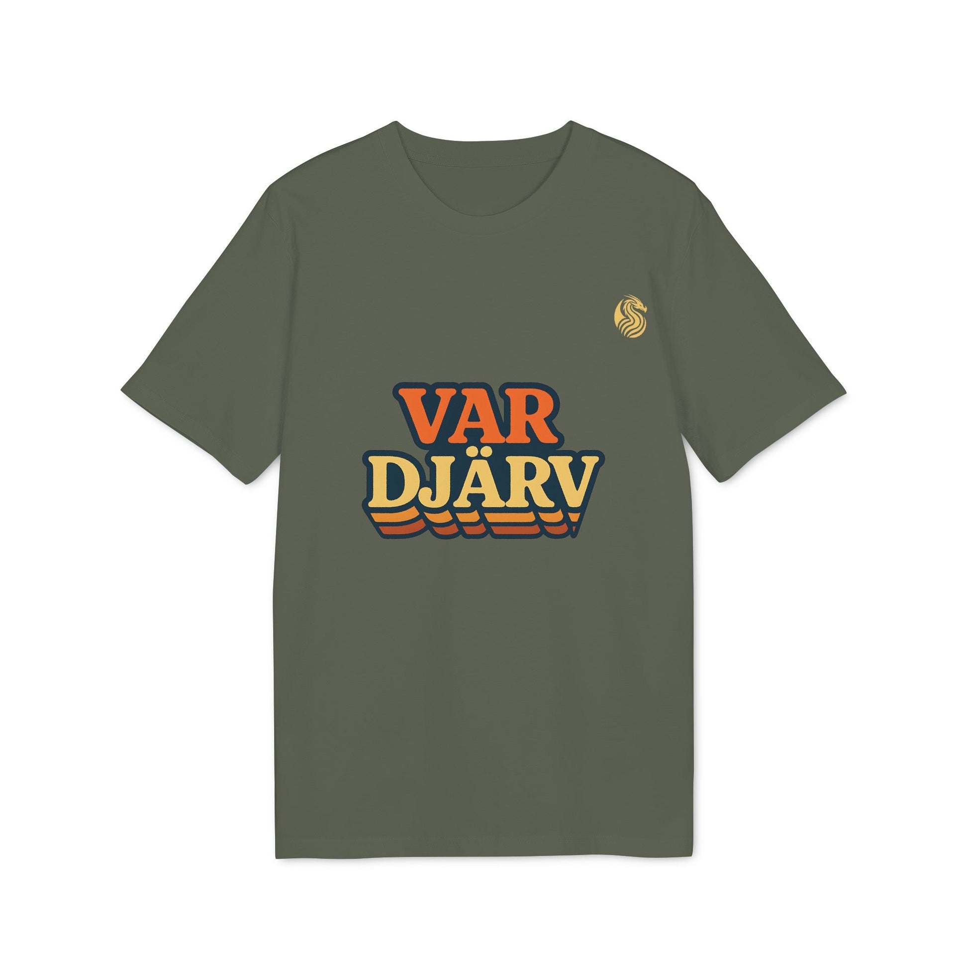 Var Djärv Ungdom 100% Organic Cotton T-Shirt in olive green with bold VAR DJÄRV chest print and small crest logo