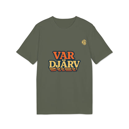 Var Djärv Ungdom 100% Organic Cotton T-Shirt in olive green with bold VAR DJÄRV chest print and small crest logo