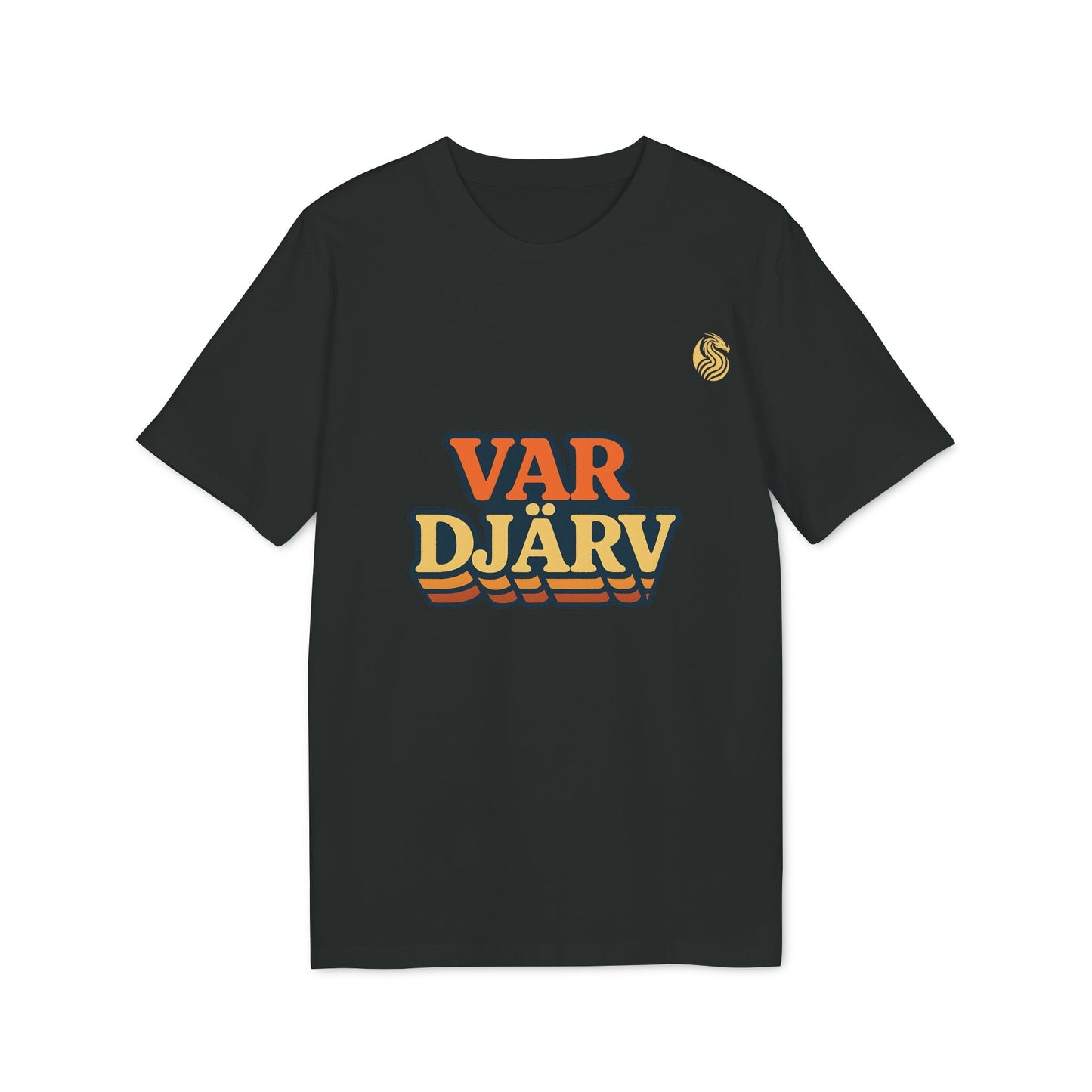 Alt Tag: Var Djärv Ungdom 100% Organic Cotton T-Shirt black graphic tee with VAR DJÄRV retro text print