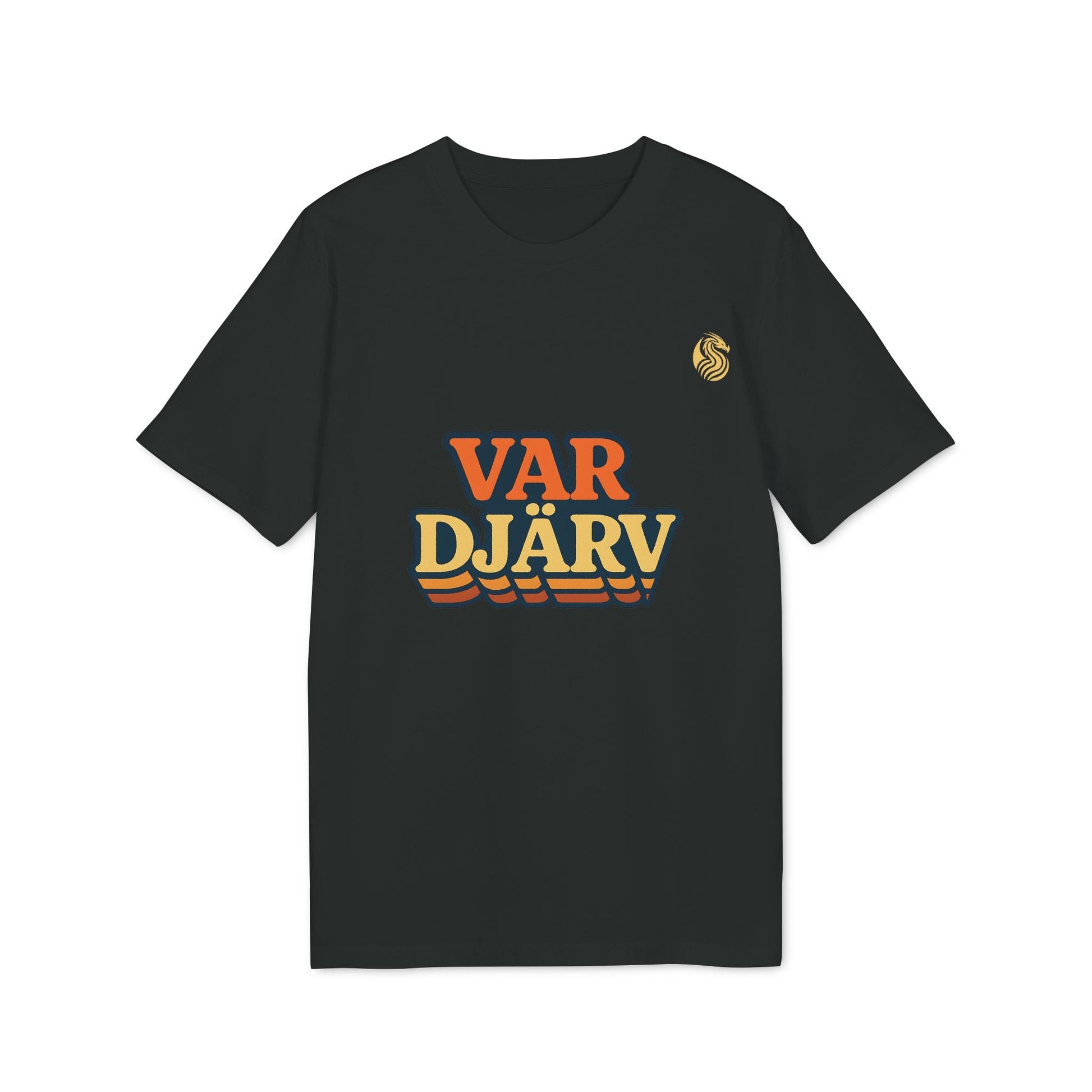 Alt Tag: Var Djärv Ungdom 100% Organic Cotton T-Shirt black graphic tee with VAR DJÄRV retro text print