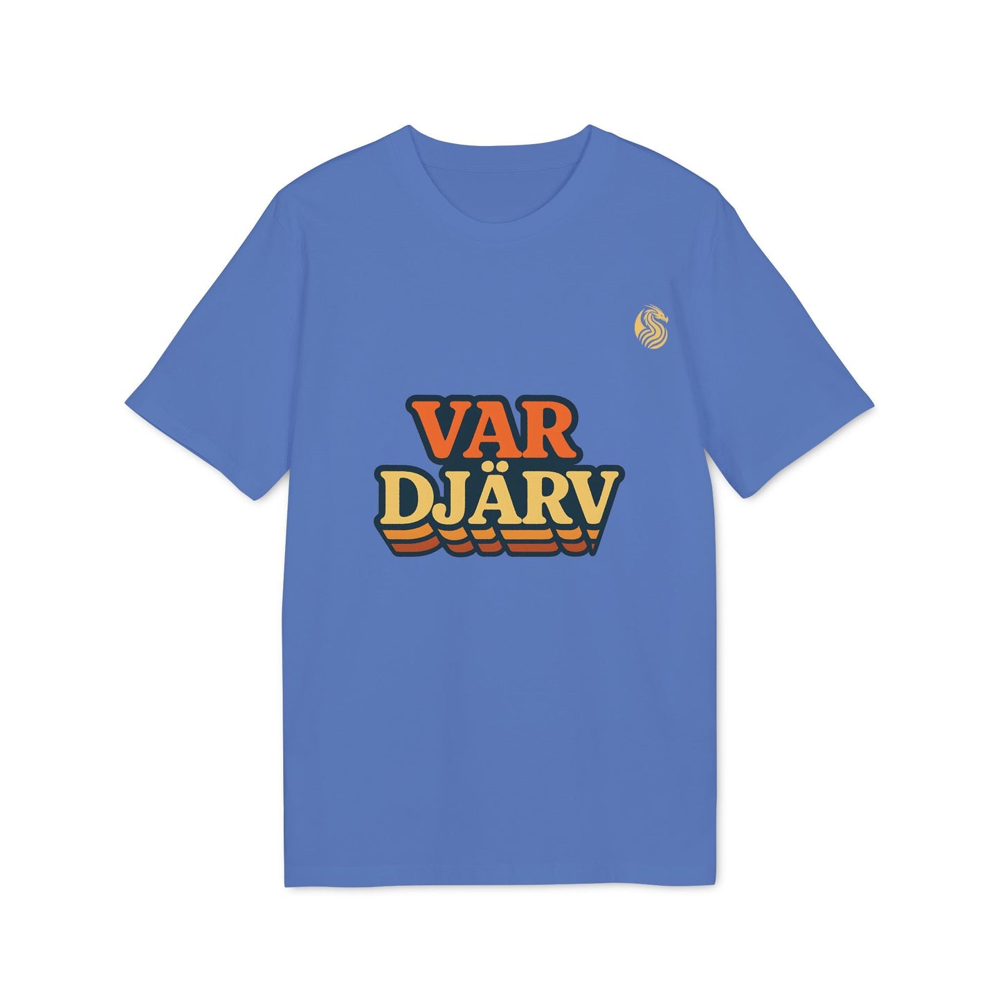 Var Djärv Ungdom 100% Organic Cotton T-Shirt azul con diseño tipográfico VAR DJÄRV en el frente