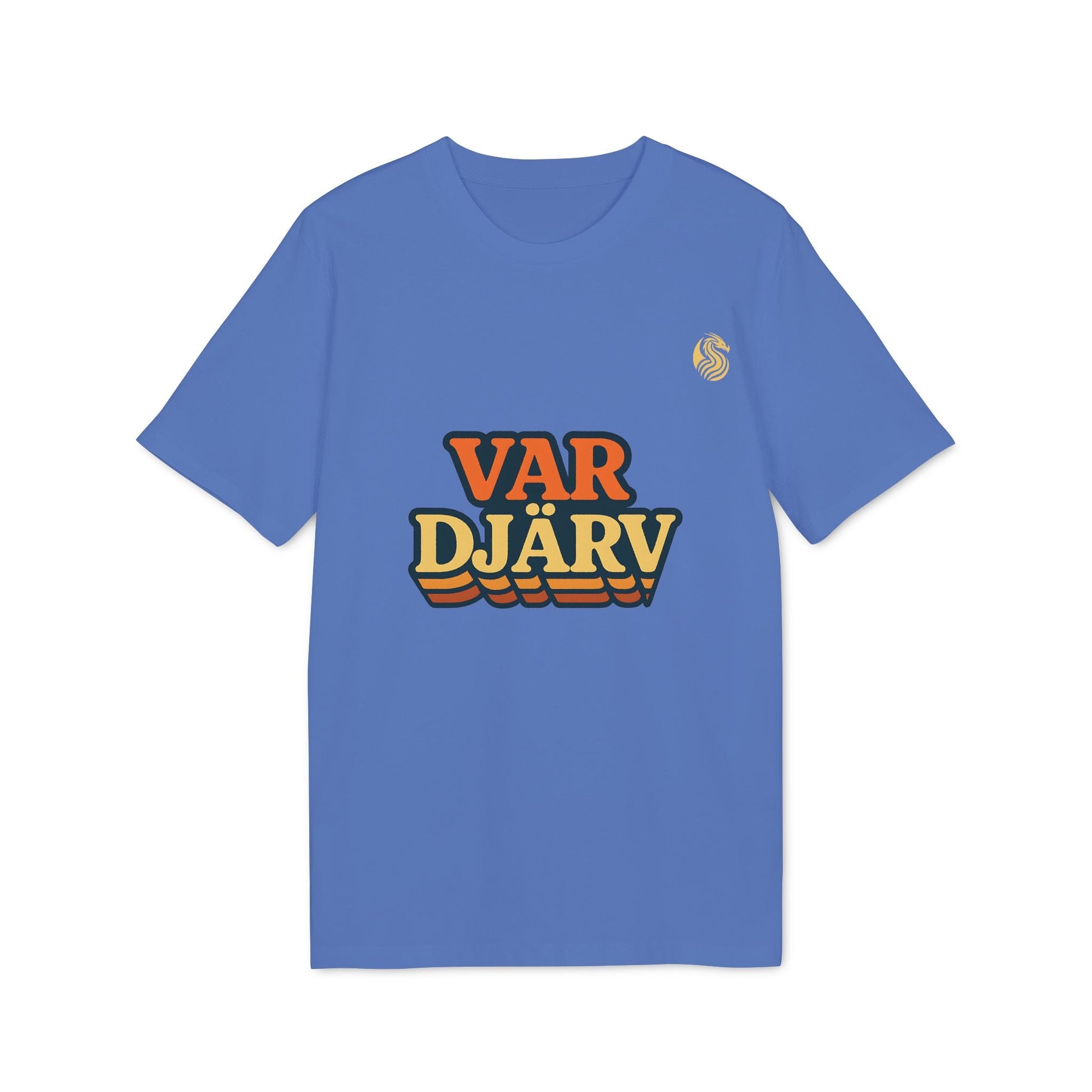 Var Djärv Ungdom 100% Organic Cotton T-Shirt azul con diseño tipográfico VAR DJÄRV en el frente