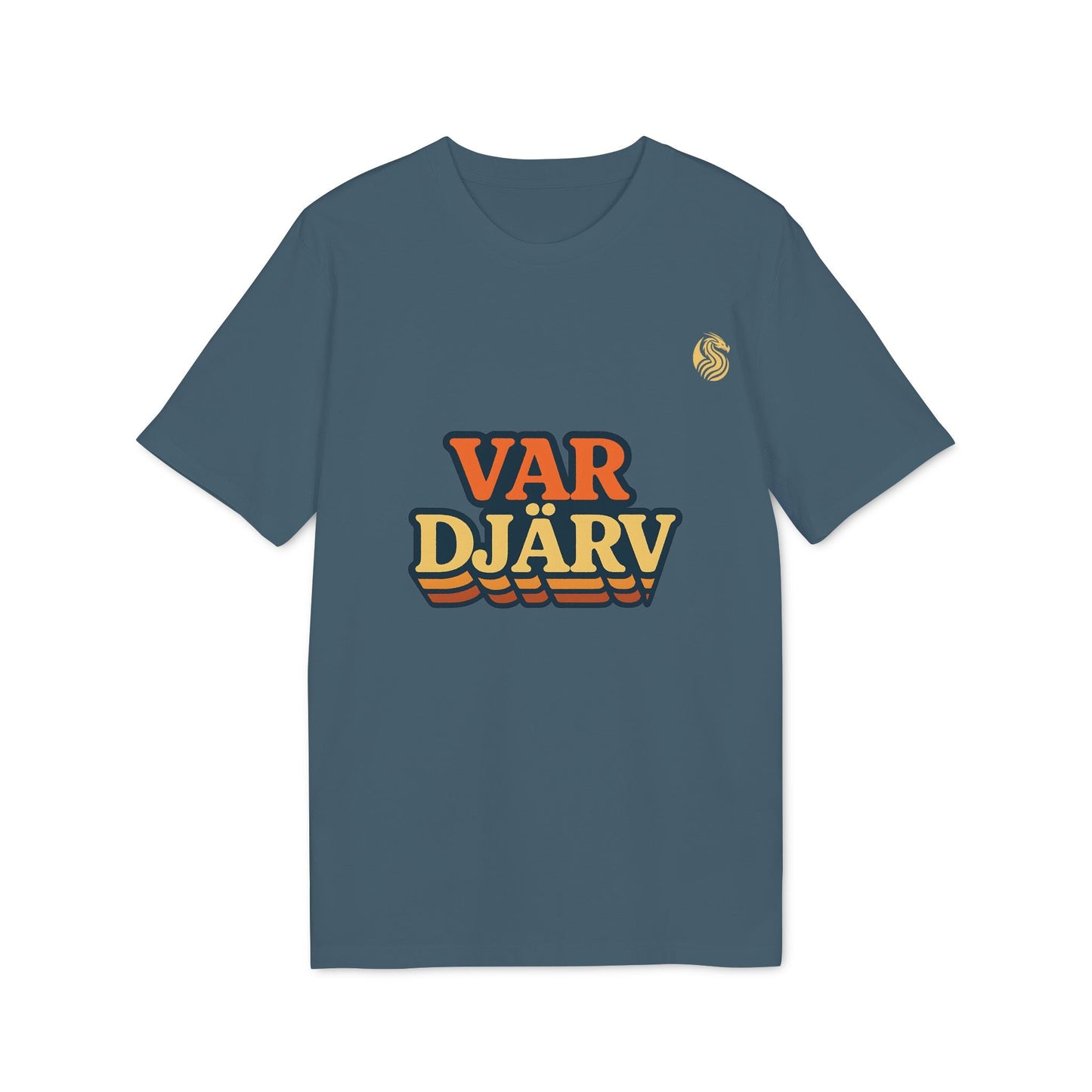 Alt Tag: Var Djärv Ungdom 100% Organic Cotton T-Shirt azul con texto VAR DJÄRV retro en el frente