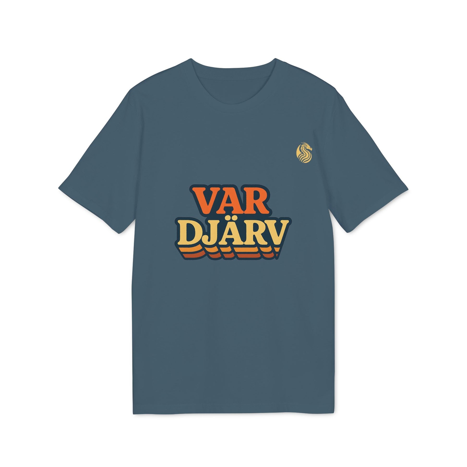 Alt Tag: Var Djärv Ungdom 100% Organic Cotton T-Shirt azul con texto VAR DJÄRV retro en el frente