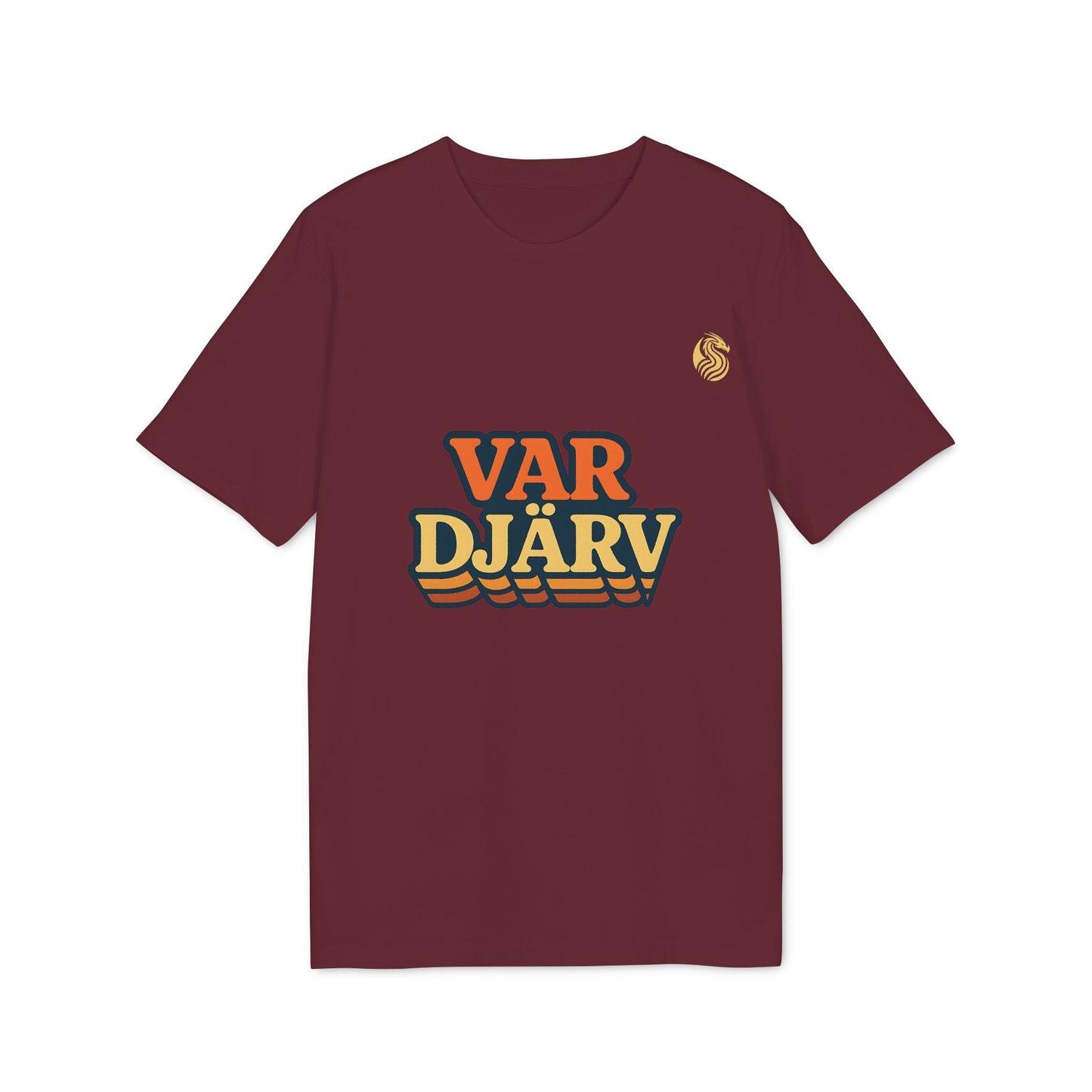 Alt Tag: Var Djärv Ungdom 100% Organic Cotton T-Shirt in burgundy with retro VAR DJÄRV front print