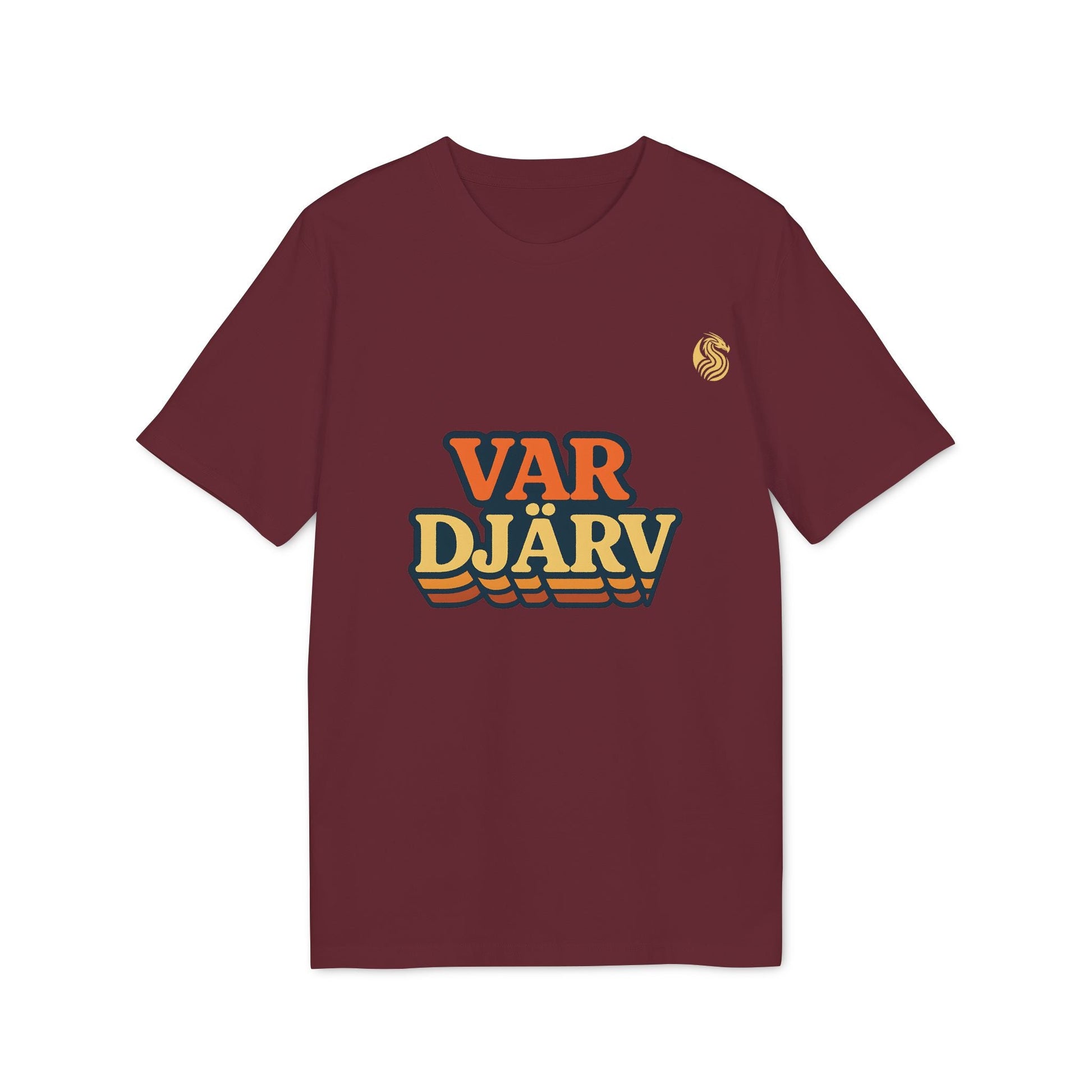 Alt Tag: Var Djärv Ungdom 100% Organic Cotton T-Shirt in burgundy with retro VAR DJÄRV front print