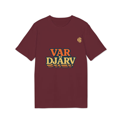 Alt Tag: Var Djärv Ungdom 100% Organic Cotton T-Shirt in burgundy with retro VAR DJÄRV front print