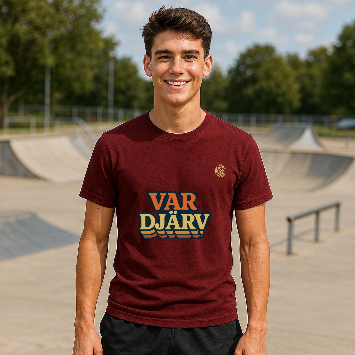Var Djärv Ungdom 100% Organic Cotton T-Shirt burgundy graphic tee with VAR DJÄRV print, front view outdoors