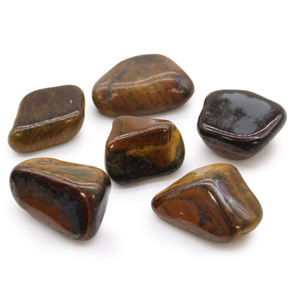 Alt Tag: Variegated Tiger’s Eye Tumble Stones – 6-Piece Set, polished African tiger eye tumbled stones with brown and gold banding